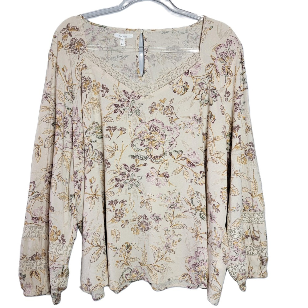 Maurice's Womens 2X Beige Floral Print Lace Trim V Neck Long Sleeve Blouse Rayon